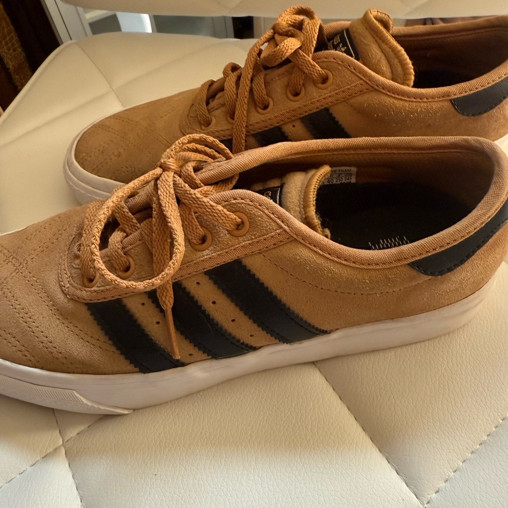 Adidas Tan and Black Sneakers with Signature Stripes